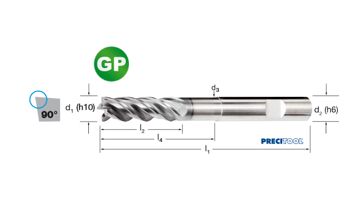 Fréza tvrdokovová GP 4-břitá, stopka HB, 175496 20,00x68x150 VHM/ALCRONA, 90°