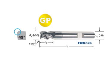Fréza tvrdokovová PRECITOOL-GP 3-břitá, HB, 175362 5,00x9x54 VHM/ALNOVA, 45°, Inox