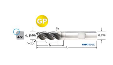 Fréza tvrdokovová GP 4-břitá,stopka HB, 175587 10,00x22x72 VHM/ALNOVA,odlehčení, 45°, Inox