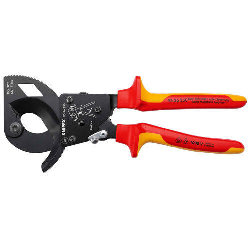 Kleště na kabely 250 mm, rohatka se západkou, izolované 1000 V, Knipex 9536250